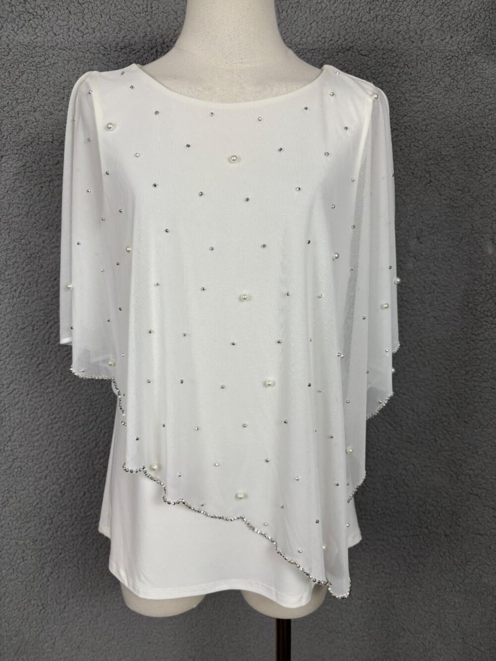 MSK Women's Embellished Asymmetric Sheer Overlay Top Ivory Size Small NWT's.
